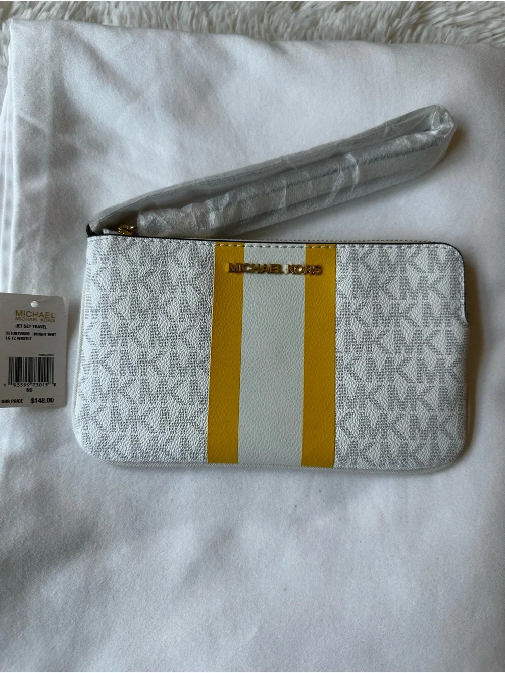 Michael Kors Jet Set Travel Large Logo Stripe Wristlet White Yellow Zip Clutch